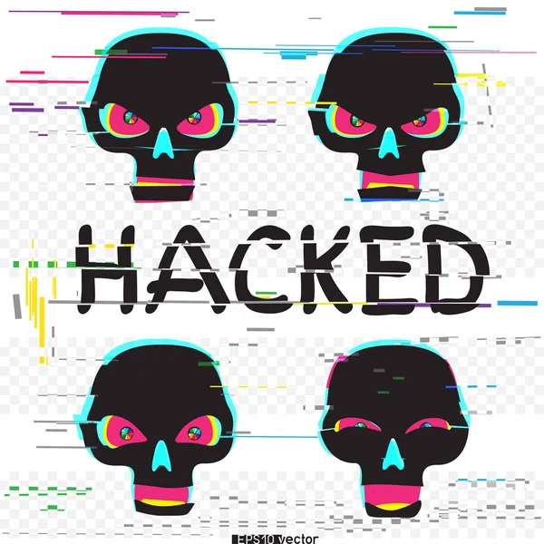 Hacker glitch cráneo negro conjunto — Archivo Imágenes Vectoriales