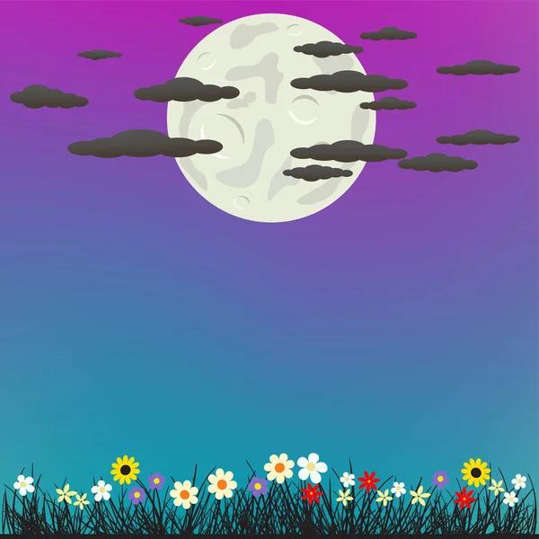 Herbe et fleurs sur la lune de nuit ciel nuages — Image vectorielle