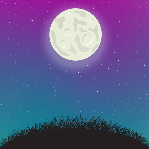 Night sky moon light and grass hill — Stock Vector