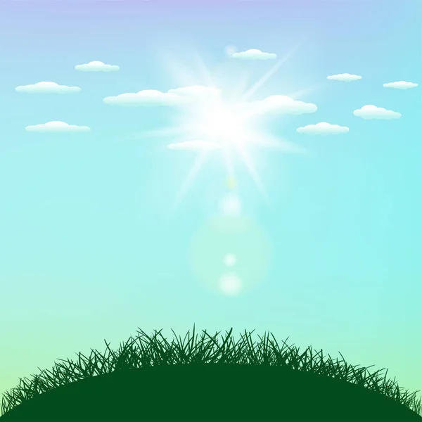 Luz solar céu ensolarado e colina grama — Vetor de Stock