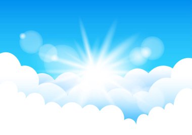 Bulutlu ve güneşli mavi gökyüzü. Güneş ışığı bulutu şablonu. Gerçekçi güneşli etki