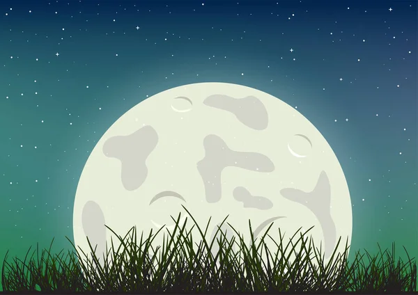 Księżyc Sylwetka Trawy Nocnym Gwiaździstym Niebie Piękny Kreskówkowy Księżyc Niebiesko — Wektor stockowy