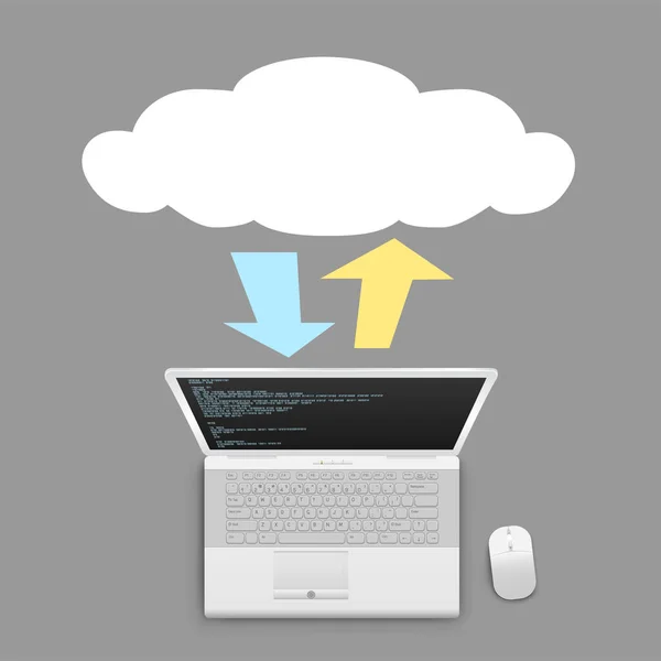 Troca de informações de laptop através do serviço de nuvem — Vetor de Stock