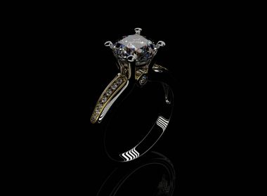 3D çizim altın elmas yüzük. Takı arka plan