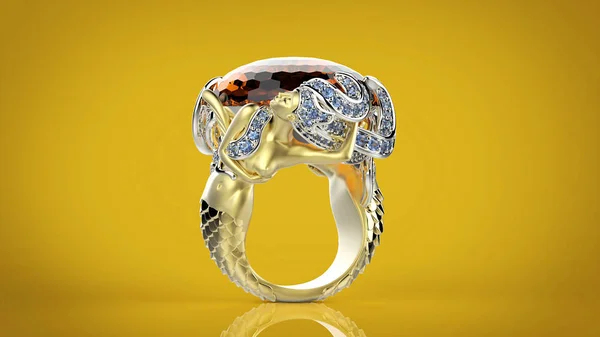 Ilustración 3D de anillo de oro con diamante. Fondo de joyería — Foto de Stock