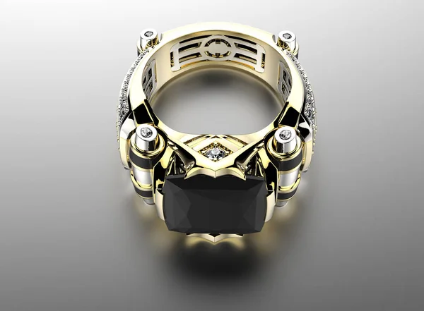 Ilustración 3D de anillo de oro con diamante. Fondo de joyería —  Fotos de Stock