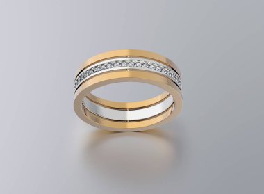 3D çizim altın yüzük. Takı arka plan. Moda erişim