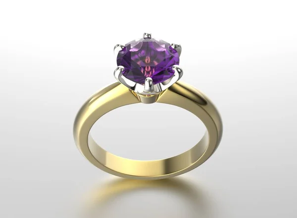 3D ilustracja złoty pierścionek z ultra violet kamień szlachetny. Ba Biżuteria — Zdjęcie stockowe