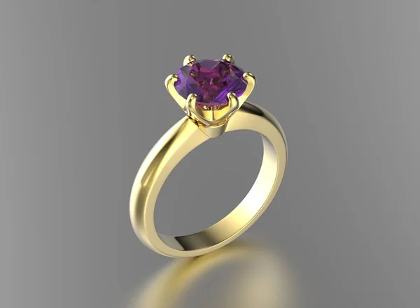 Bague en or illustration 3D avec pierre gemme ultra violette. Bijoux ba — Photo