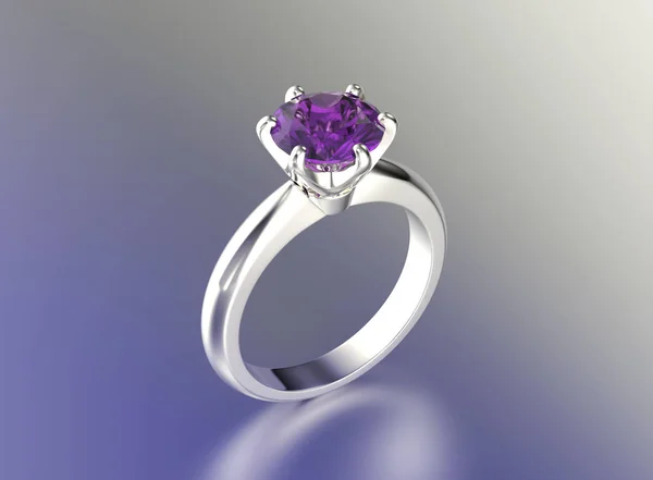 3D illustration gold ring with ultra violet gemstone. Jewelry ba — Stock Photo, Image