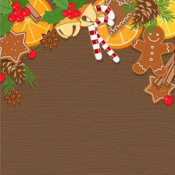 Christmas background with decorations, Christmas baking and sweets on wooden board — Stock Vector