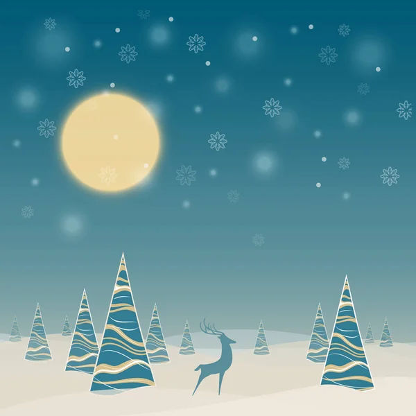 Téli éjszaka táj, a szarvas és a fák — Stock Vector