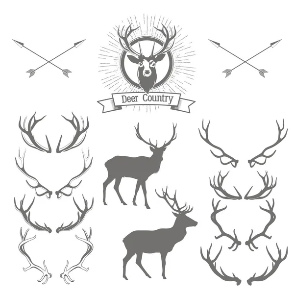 Набор оленьих силуэтов, оленьих голов и рогов. Логотип оленя — стоковый вектор