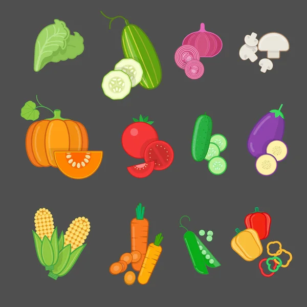 Υγιή λαχανικά εικονίδια διανυσματικά εικονογράφηση σε επίπεδη στυλ — Διανυσματικό Αρχείο