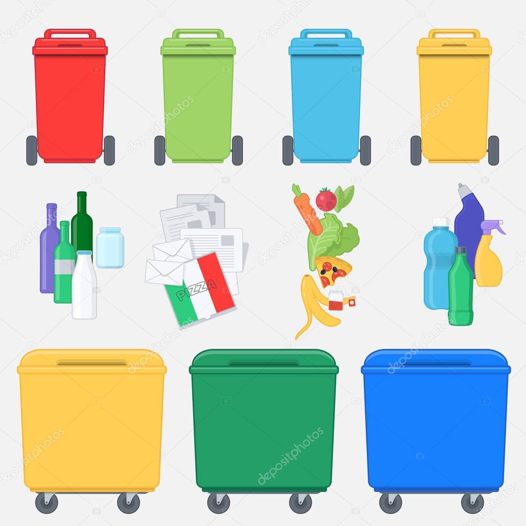Separation of waste on garbage bins. Recycling bins with plastic
