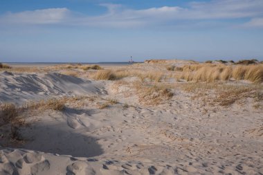 Kumlu plaj, yatay ve üzerinde arka planda bir deniz feneri