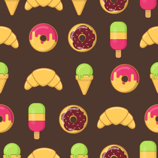 Бесшовный узор с красочным мороженым, пончиками и круассаном — стоковый вектор