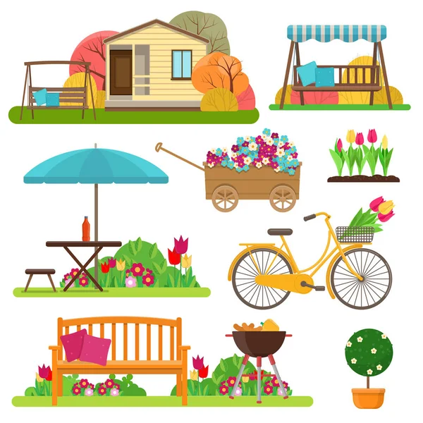 花、自転車、ガーデン家具の集ゲームの美しい庭景色のセット — ストックベクタ