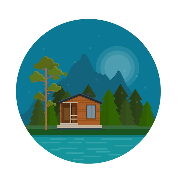 Paesaggio notturno con casa forestale sul lago — Vettoriale Stock