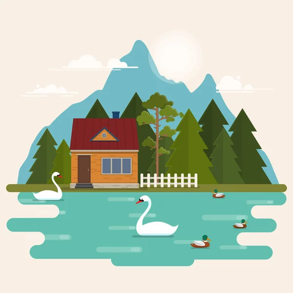 Paisaje de verano con casa forestal en el lago — Vector de stock