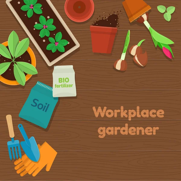 Workplace gardener and gardening tools on wooden background — Stock Vector