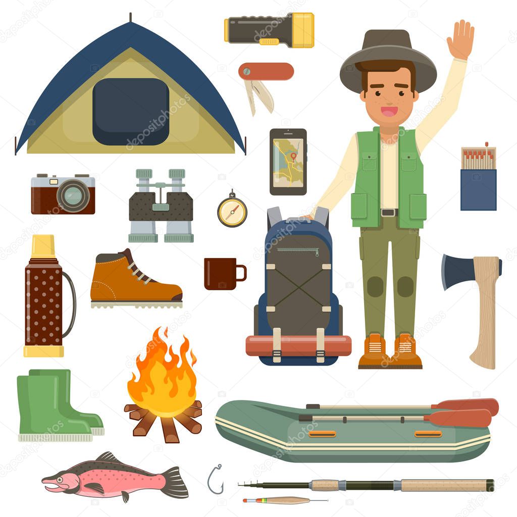 Traveler man with backpack and set of camping equipment 