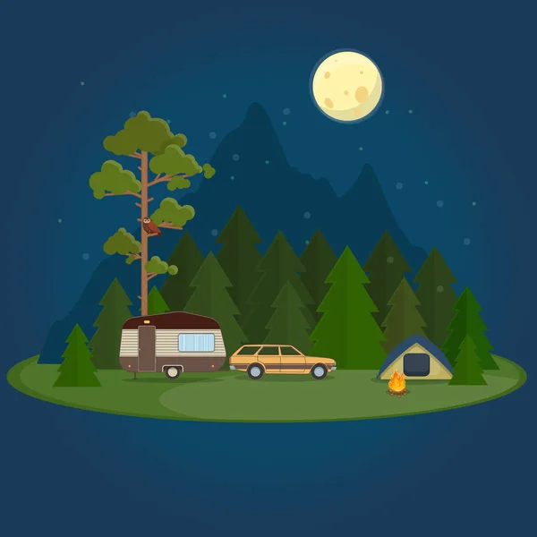 Escena nocturna de camping con caravana, tienda y fogata — Vector de stock