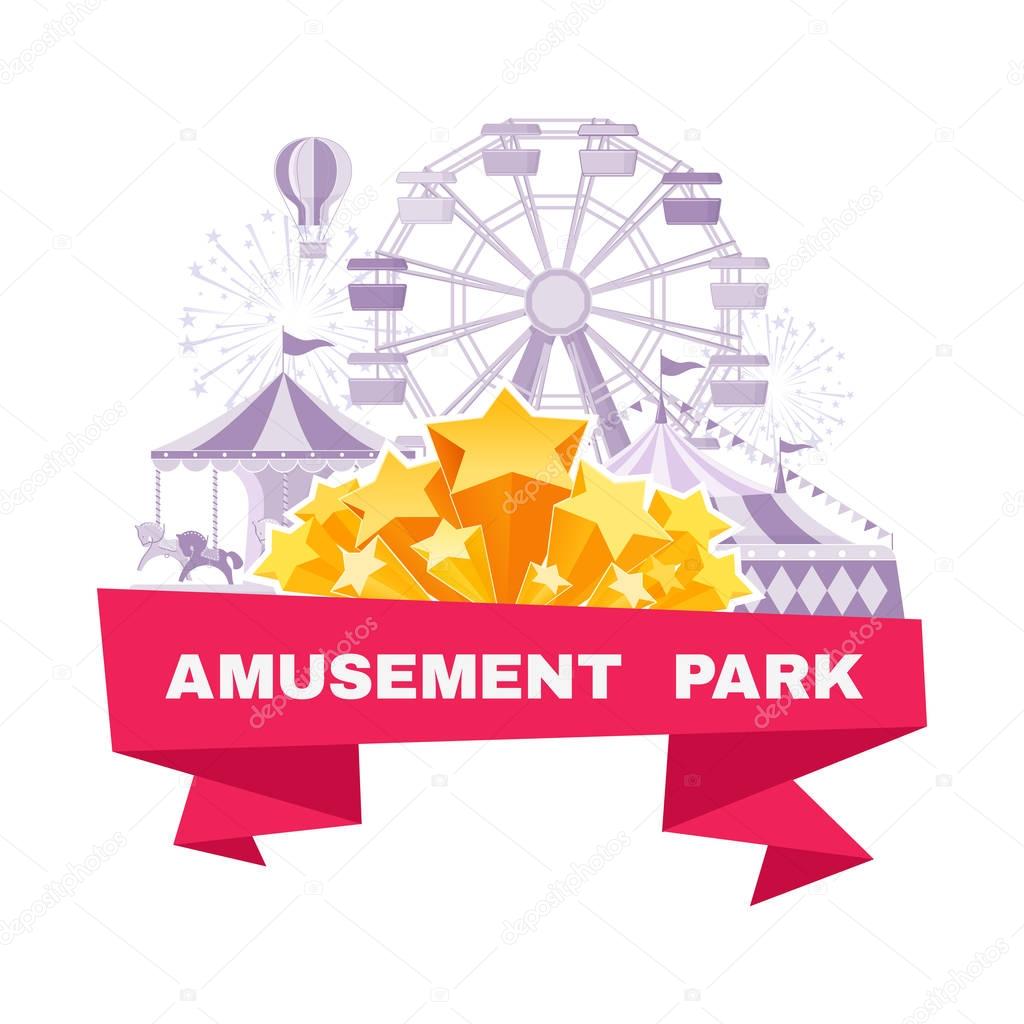 Amusement park banner with different carousels, swings and ferris wheel
