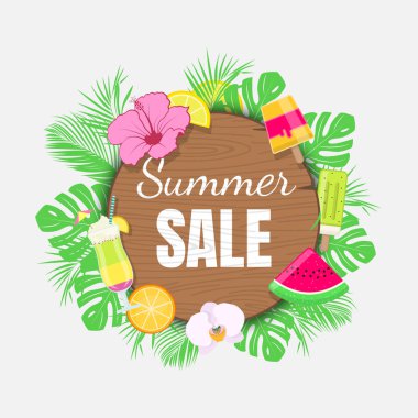 Yaz satış afiş ile tropikal yaprak, dondurma ve meyve