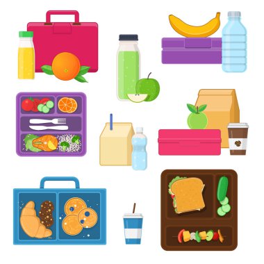 Sebze, meyve, atıştırmalıklar ve içecekler ile öğle yemeği kutuları ayarla