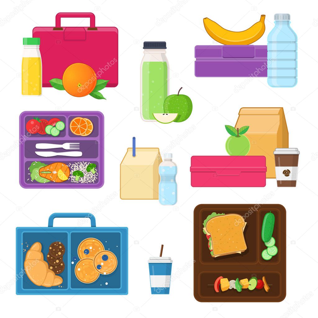 Lunch boxes set with vegetables, fruits, snacks and drinks