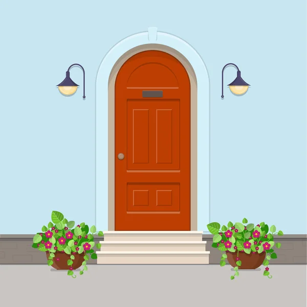 Pomarańczowy drzwi z elektryczne latarnie na ścianie i kwiat — Wektor stockowy