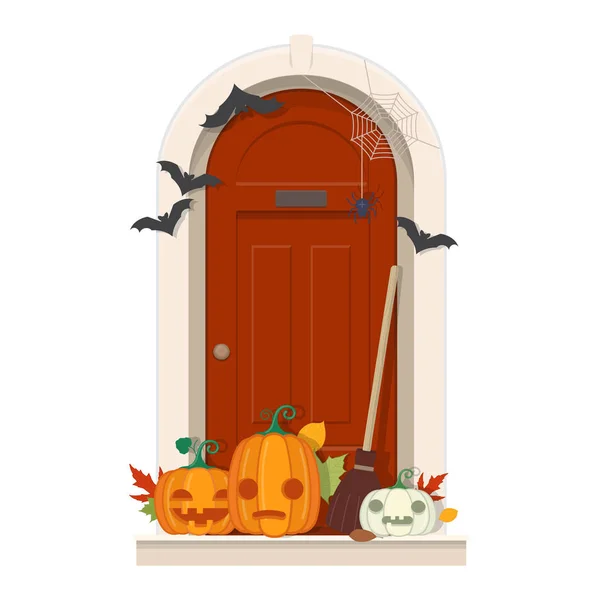 Decorações da porta de Halloween. Porta da frente com decoração de Halloween — Vetor de Stock