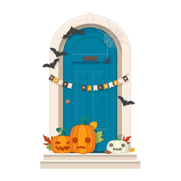 Decorações da porta de Halloween. Porta da frente azul com decoração de Halloween — Vetor de Stock