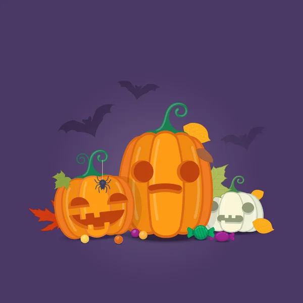 Abóboras de Halloween com doces e folhas de outono — Vetor de Stock