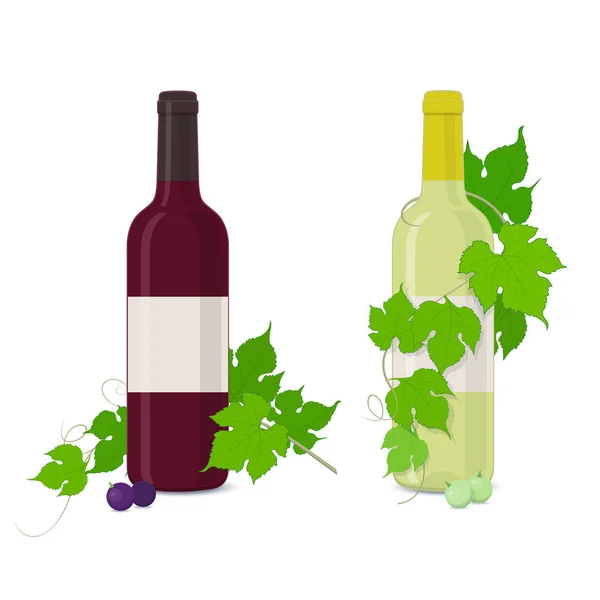 Botol anggur merah dan putih dengan anggur anggur - Stok Vektor