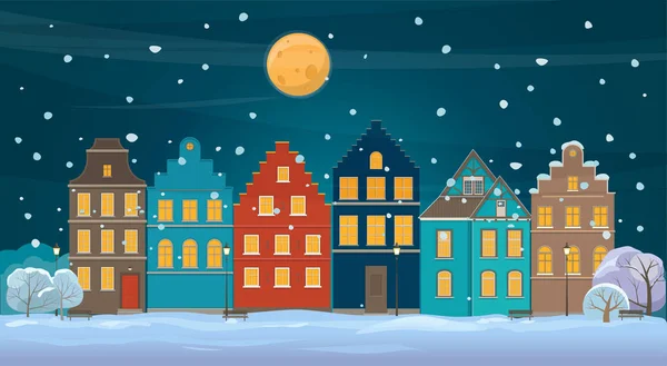 冬天背景与夜晚的古老小镇 — 图库矢量图片
