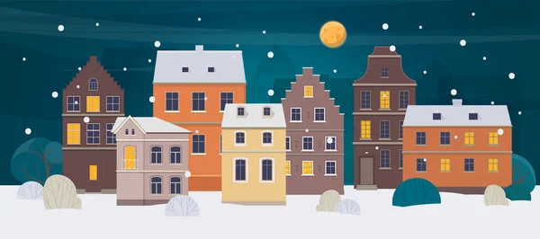 冬季城市景观。不同的房子在晚上的老镇 — 图库矢量图片