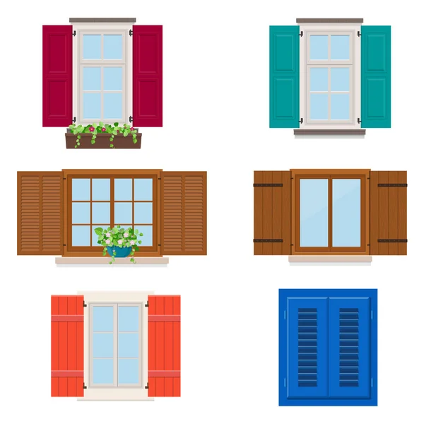 Conjunto de ventanas abiertas de colores diferentes con persianas y flores — Vector de stock