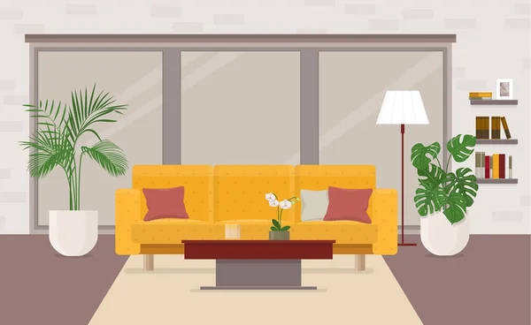 Interior da sala de estar com mobiliário, janela panorâmica e ouname —  Vetores de Stock