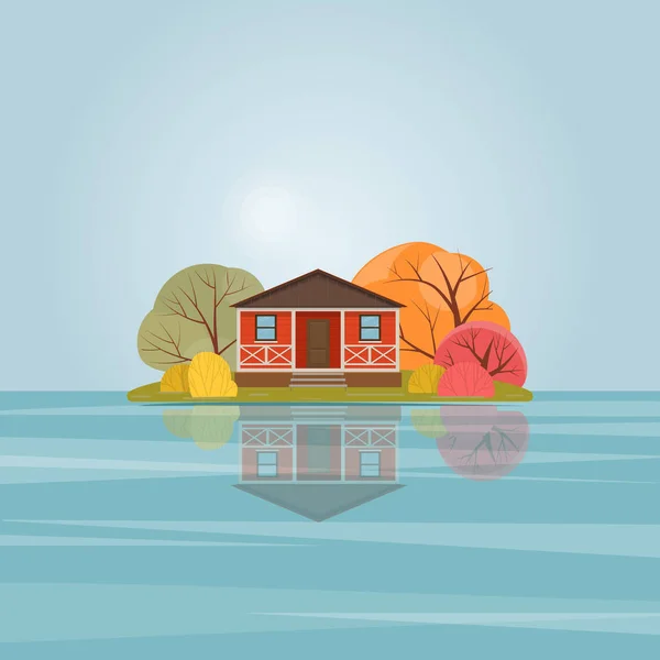 Paesaggio naturale con una casa di legno rosso sul lago — Vettoriale Stock