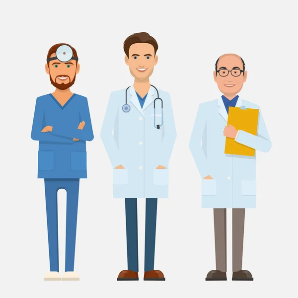 Conjunto de médicos personajes. Tres doctores de diferentes edades en mí — Vector de stock