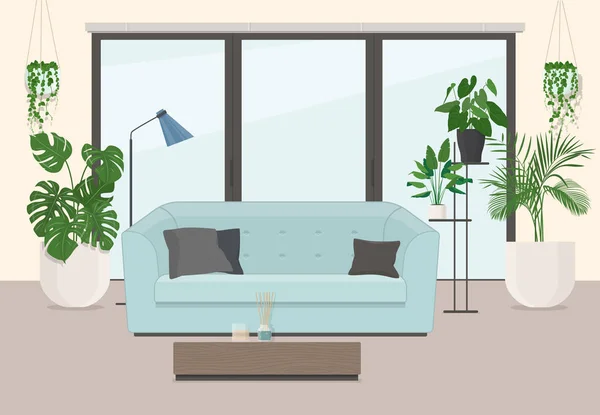Wohnzimmereinrichtung mit Möbeln, Panoramafenster und Schmuck — Stockvektor