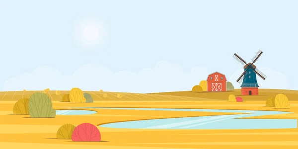 Paisaje rural de verano con un antiguo molino de viento — Vector de stock