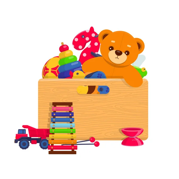 Caixa de madeira cheia de brinquedos para crianças —  Vetores de Stock