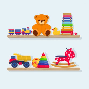 Set of different kids toys on wooden shelves clipart