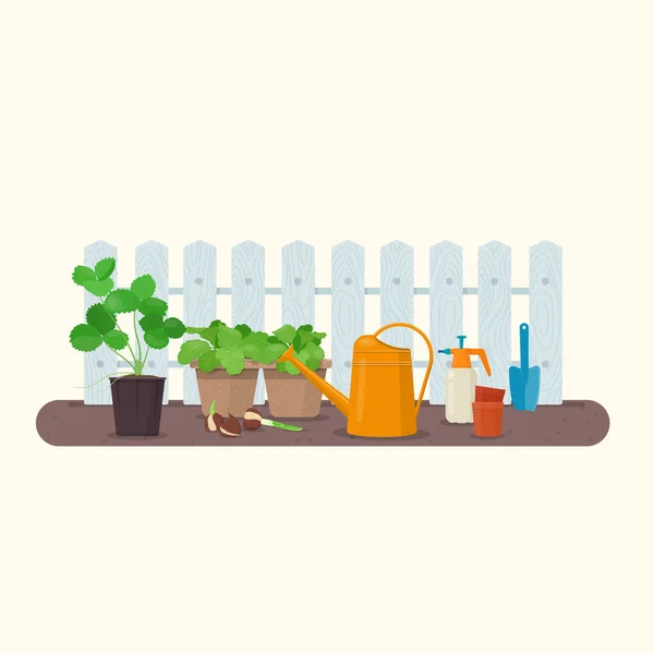 Ferramentas e plantas de jardinagem em vasos —  Vetores de Stock