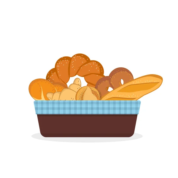 Friss kenyér és sütőipari termékek kosárba — Stock Vector