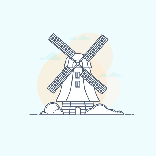 Ilustración vectorial del molino de viento rural tradicional en estilo lineal — Vector de stock