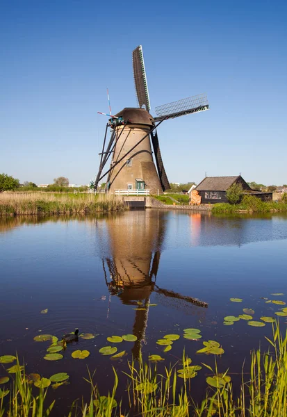 Traditional Dutch windmill reflected in the water of the canal i — Stock Photo, Image